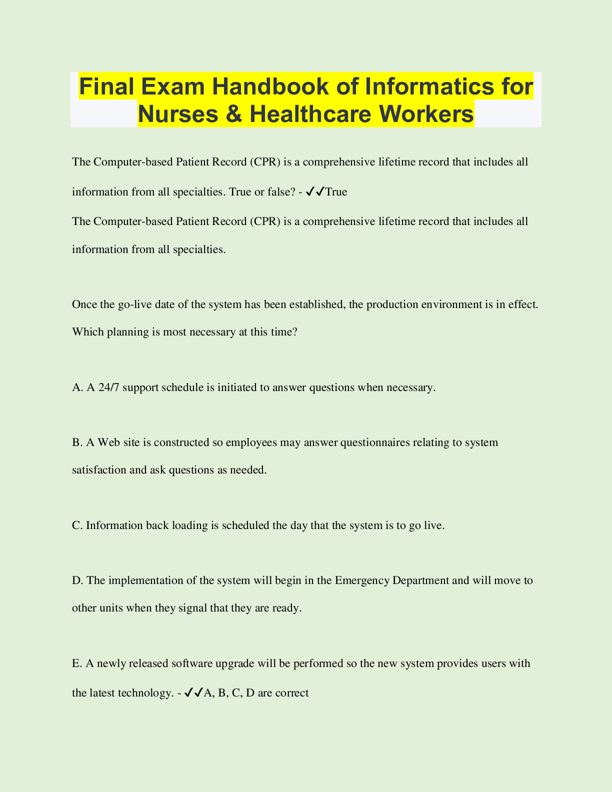 Preview image for Final Exam Handbook of Informatics for Nurses & Healthcare Workers | Questions with 100% Correct Answers | Verified | Latest Update | 32 Pages